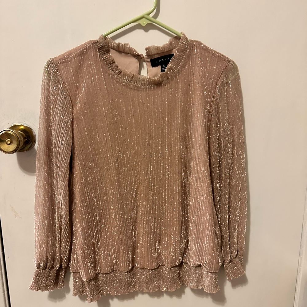 Sparkly blouse. It’s a more neutral pink color. Fits loose